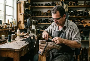 Sapateiro ajustando zíper de bota em sua estação de trabalho.