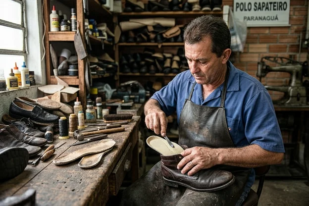 Sapateiro realizando a troca de palmilhas.