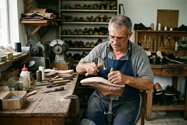 Sapateiro trocando o solado de um sapato em um ambiente de trabalho.