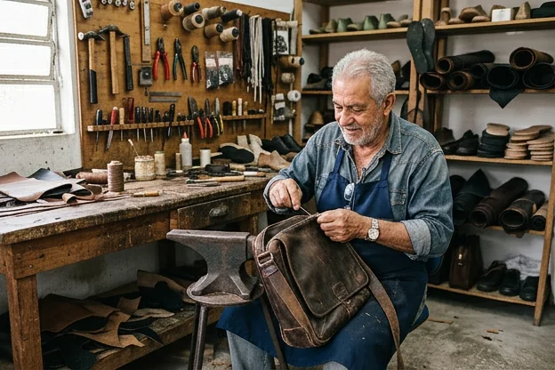 Reforma de bolsa de couro em andamento por um sapateiro.